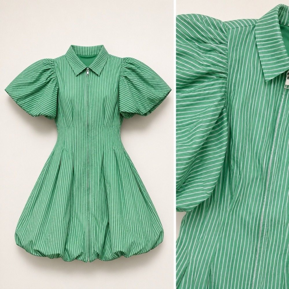 Olivaceous Green Stripe Bubble Hem Mini Dress Puff Sleeve Cottagecore Sz L